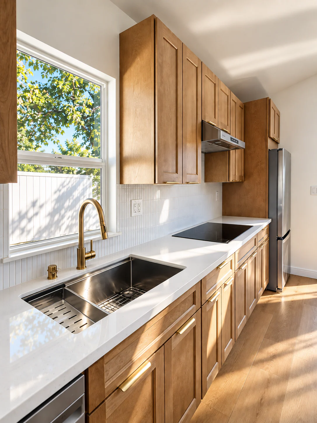 Sunlit guest house kitchen with warm wood cabinetry, white counters and stainless steel appliances